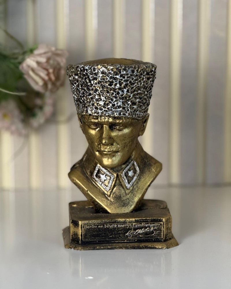 Atatürk Büst Cumhuriyet Dekoratif Biblo - Gold Eskitme - Masaüstü Atatürk Büst Cumhuriyet Dekoratif Biblo - Gold Eskitme - Masaüstü
