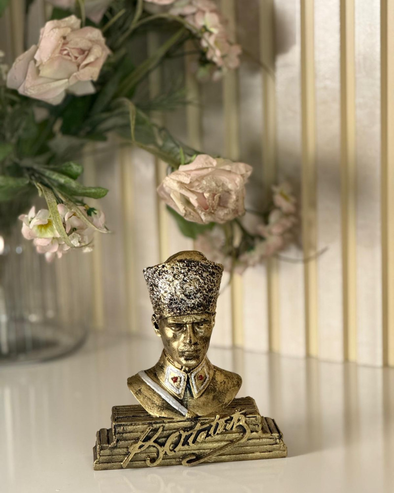 Atatürk Büst Dekoratif Biblo - Gold Eskitme - Masaüstü Atatürk Büst Dekoratif Biblo - Gold Eskitme - Masaüstü