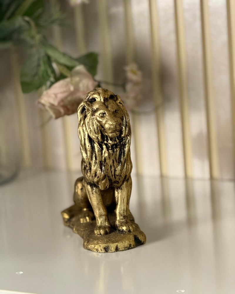 Aslan Oturan Gold Eskitme Dekoratif Heykel Biblo - Özel Tasarım