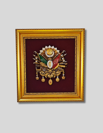 Özel Tasarım Çerçeveli Gold Eskitme Detaylı Bordo Zeminli Osmanlı Arması Tablo