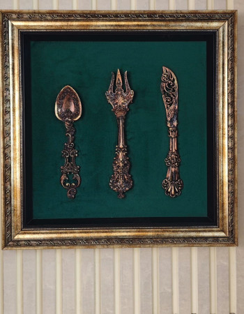 Special Design Framed Green Background Gold Antique Spoon, Fork, Knife Design Painting