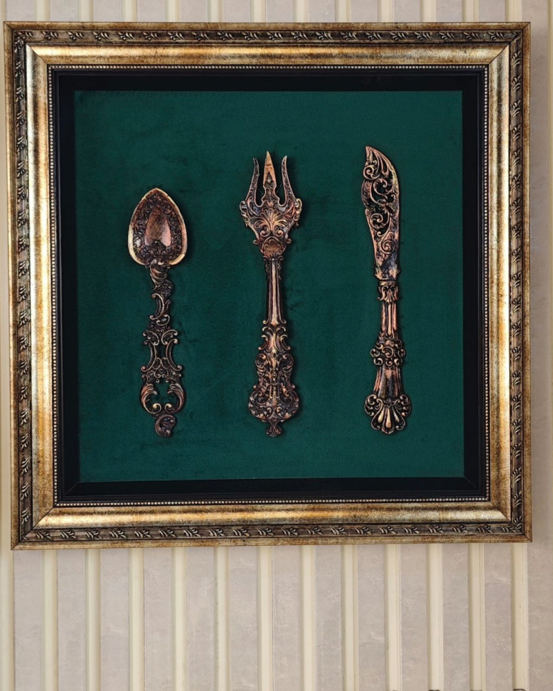 Special Design Framed Green Background Gold Antique Spoon, Fork, Knife Design Painting Special Design Framed Green Background Gold Antique Spoon, Fork, Knife Design Painting