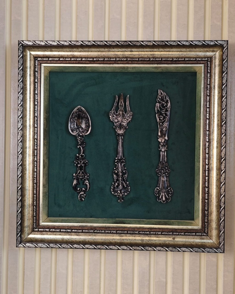 Special Design Framed Silver Antique Spoon, Fork, Knife Design Painting with Green Background Special Design Framed Silver Antique Spoon, Fork, Knife Design Painting with Green Background